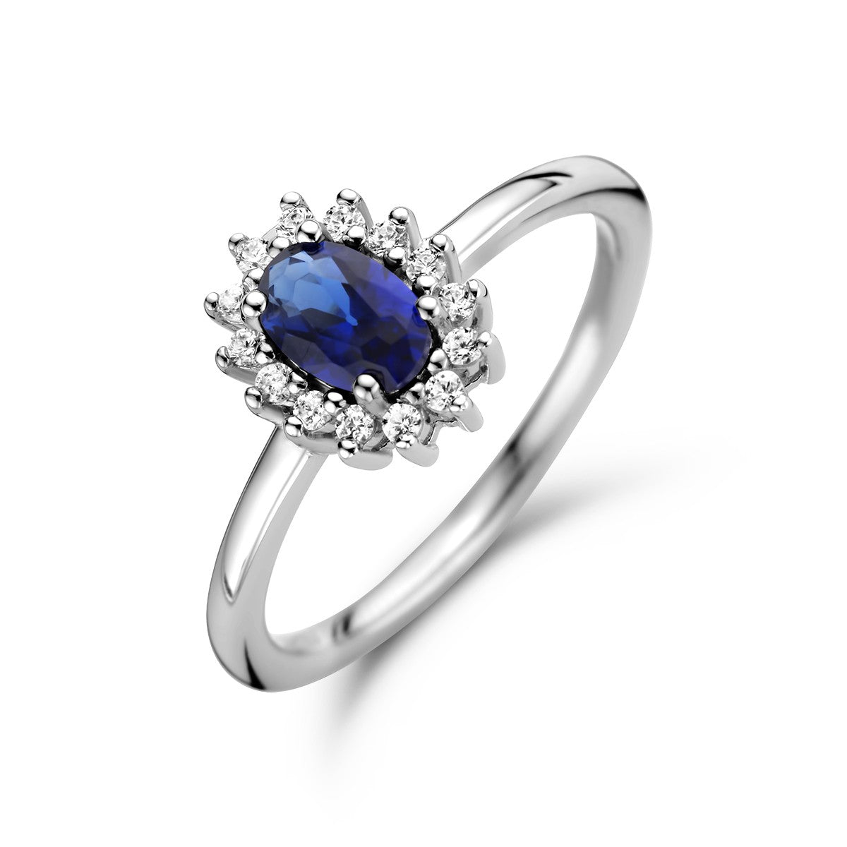 Fantasy Collection Ring synth. saffier en zirkonia halo zilver