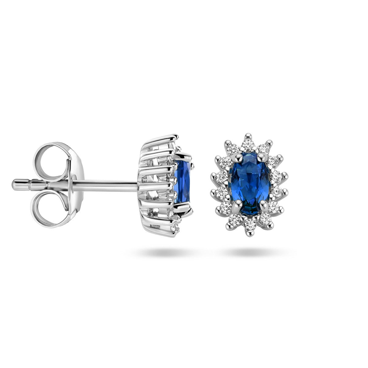 Fantasy Collection Oorbellen synth. saffier en zirkonia halo zilver
