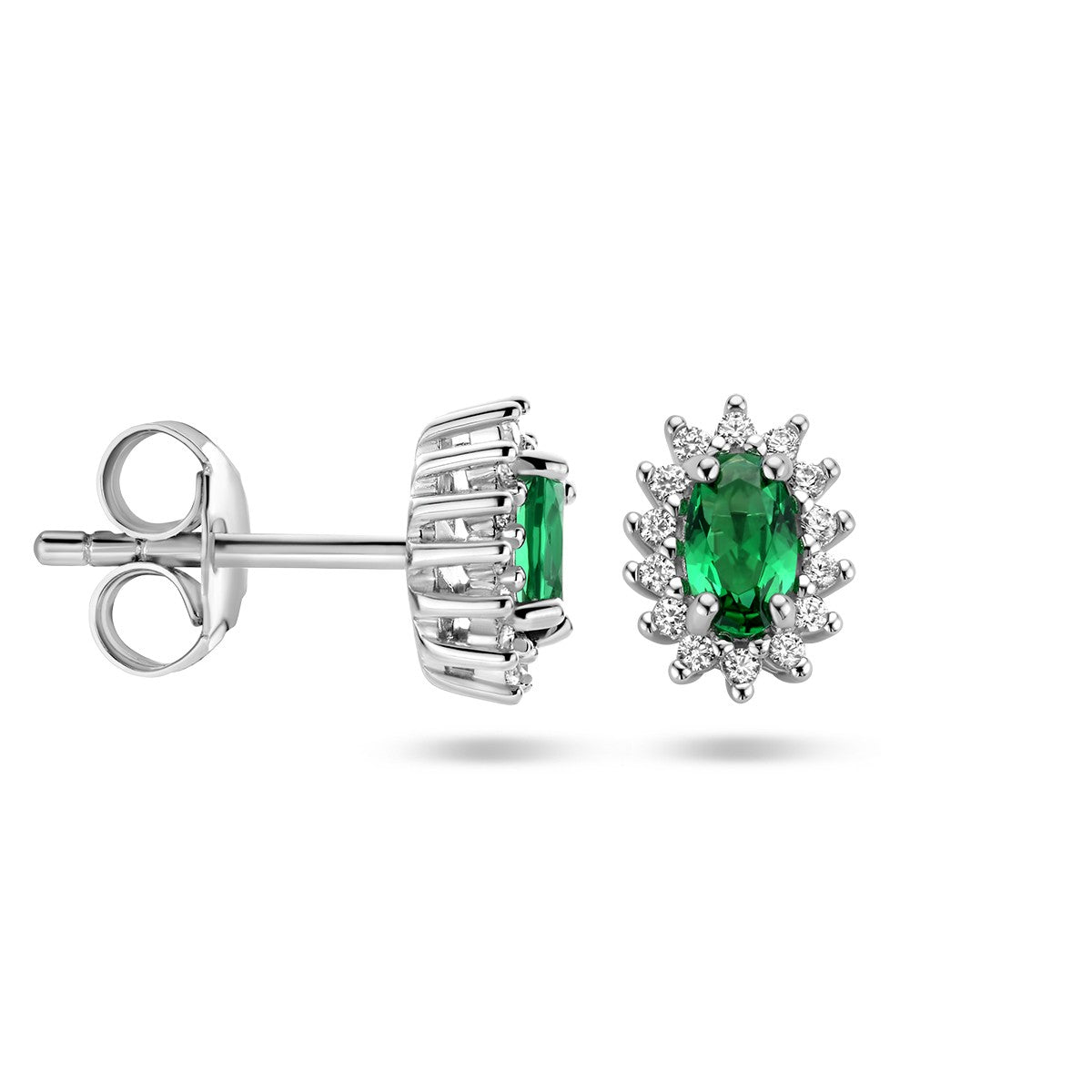 Fantasy Collection Oorbellen synth. smaragd en zirkonia halo zilver