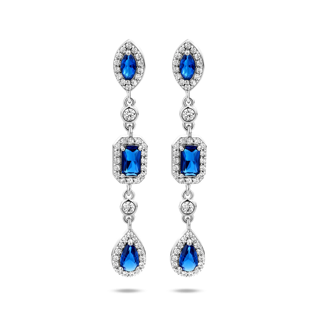 Fantasy Collection Hangende oorbellen wit en blauw saffier zirkonia zilver