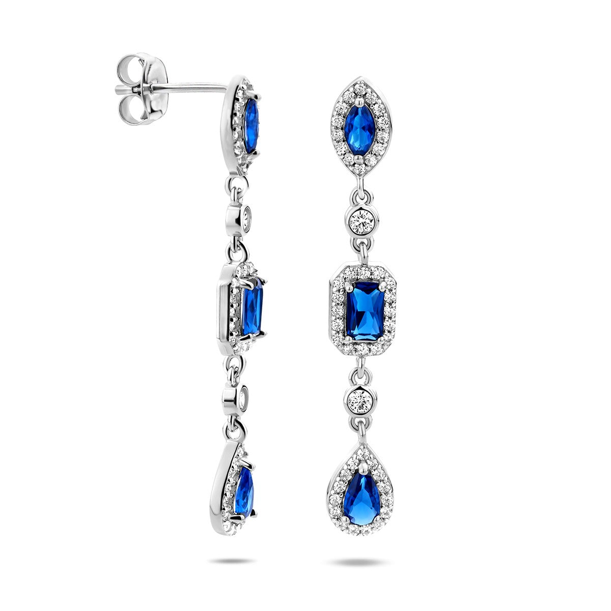 Fantasy Collection Hangende oorbellen wit en blauw saffier zirkonia zilver