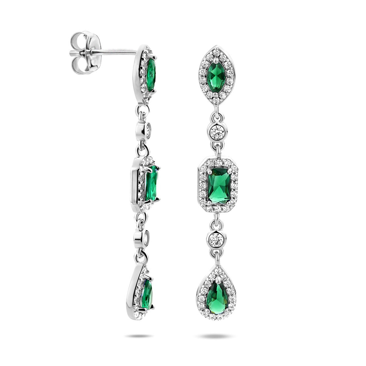 Fantasy Collection Hangende oorbellen wit en groen zirkonia zilver