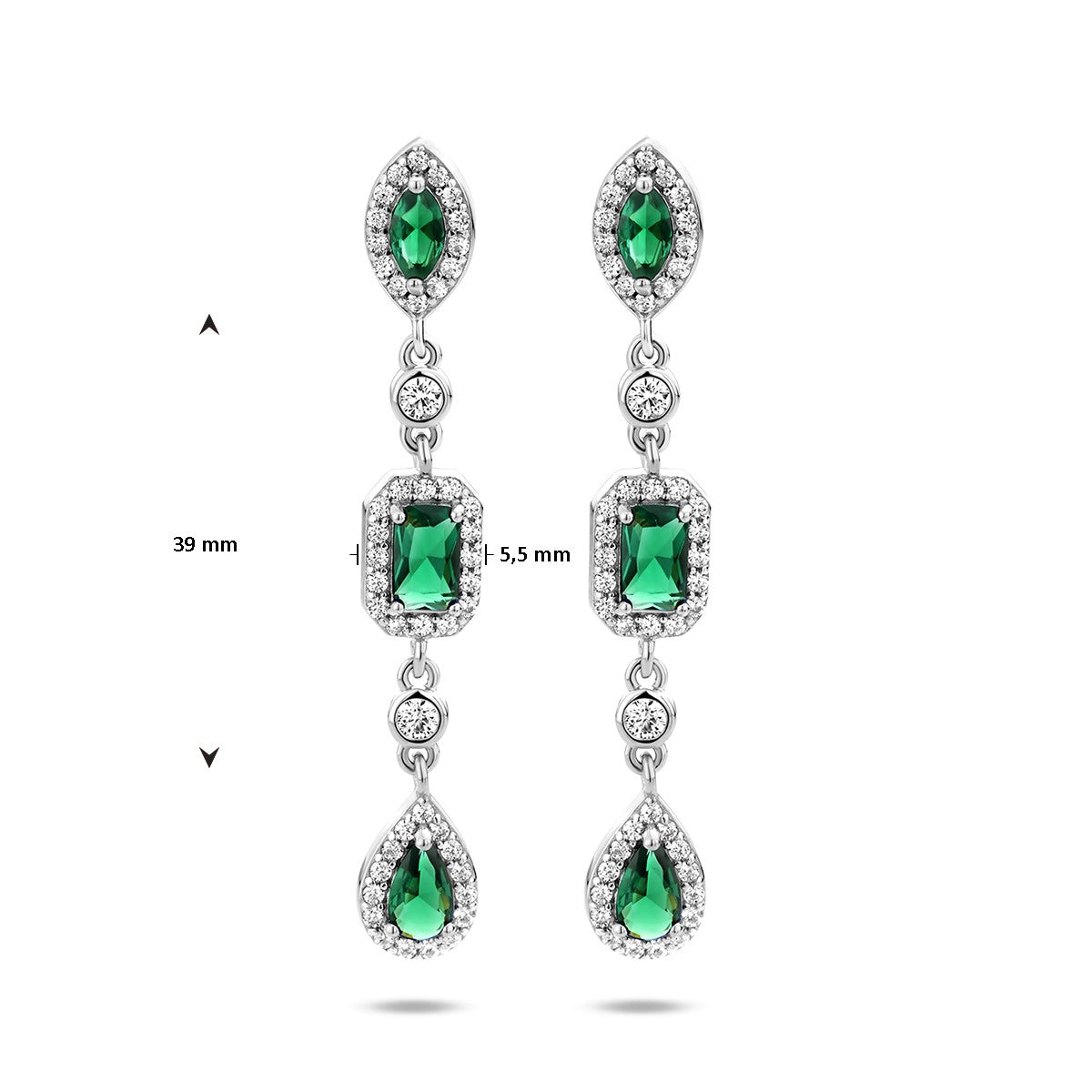 Fantasy Collection Hangende oorbellen wit en groen zirkonia zilver