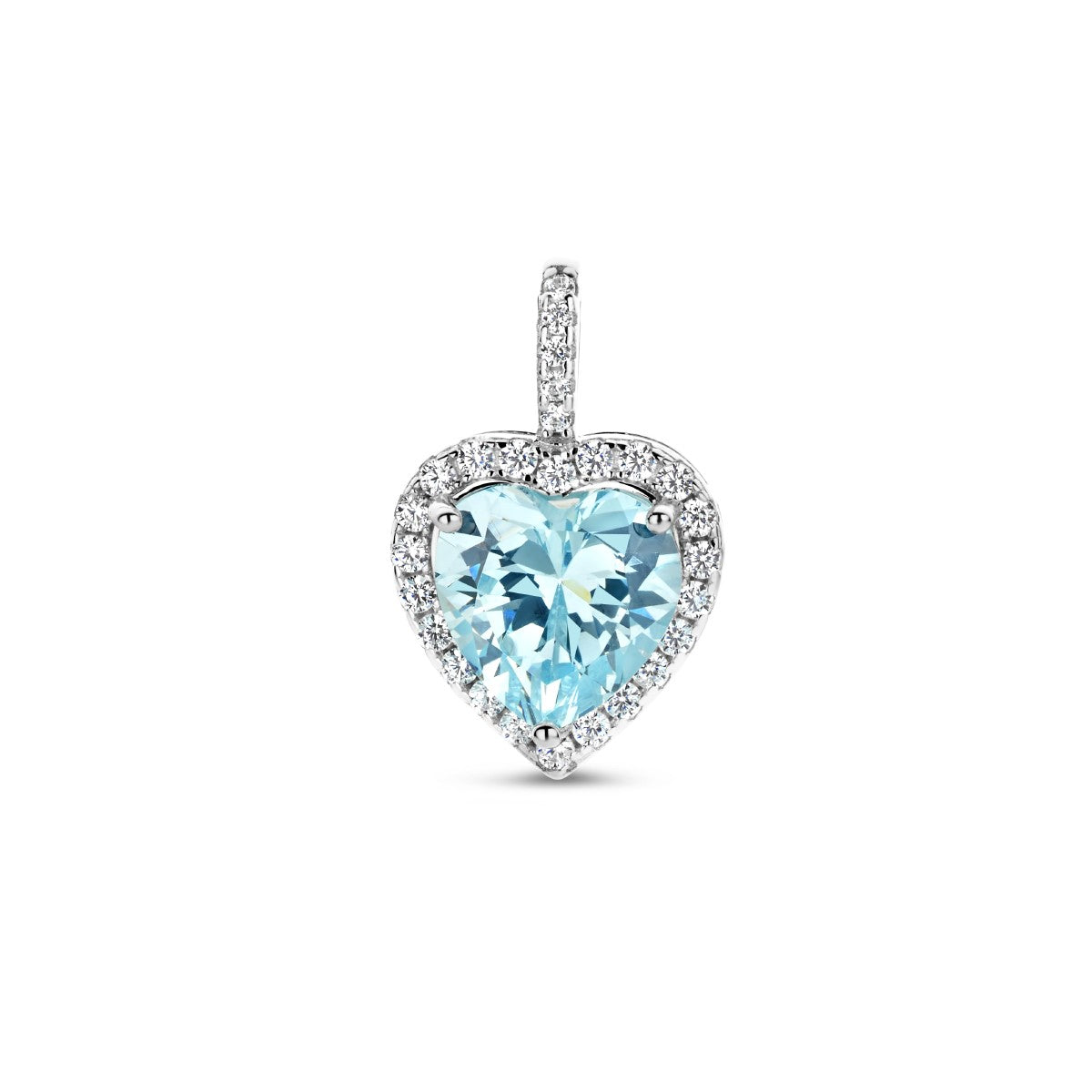 Fantasy Collection Hanger hart wit en aquamarijnkleurig zirkonia halo zilver