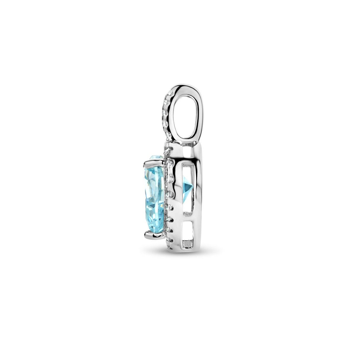 Fantasy Collection Hanger hart wit en aquamarijnkleurig zirkonia halo zilver