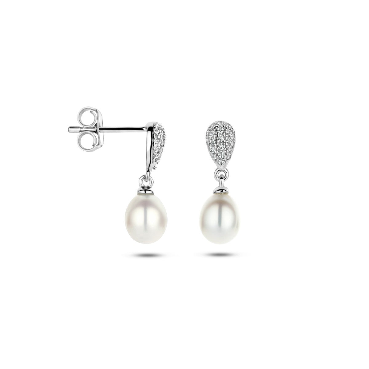 Fantasy Collection Hangende oorbellen parel en zirkonia zilver