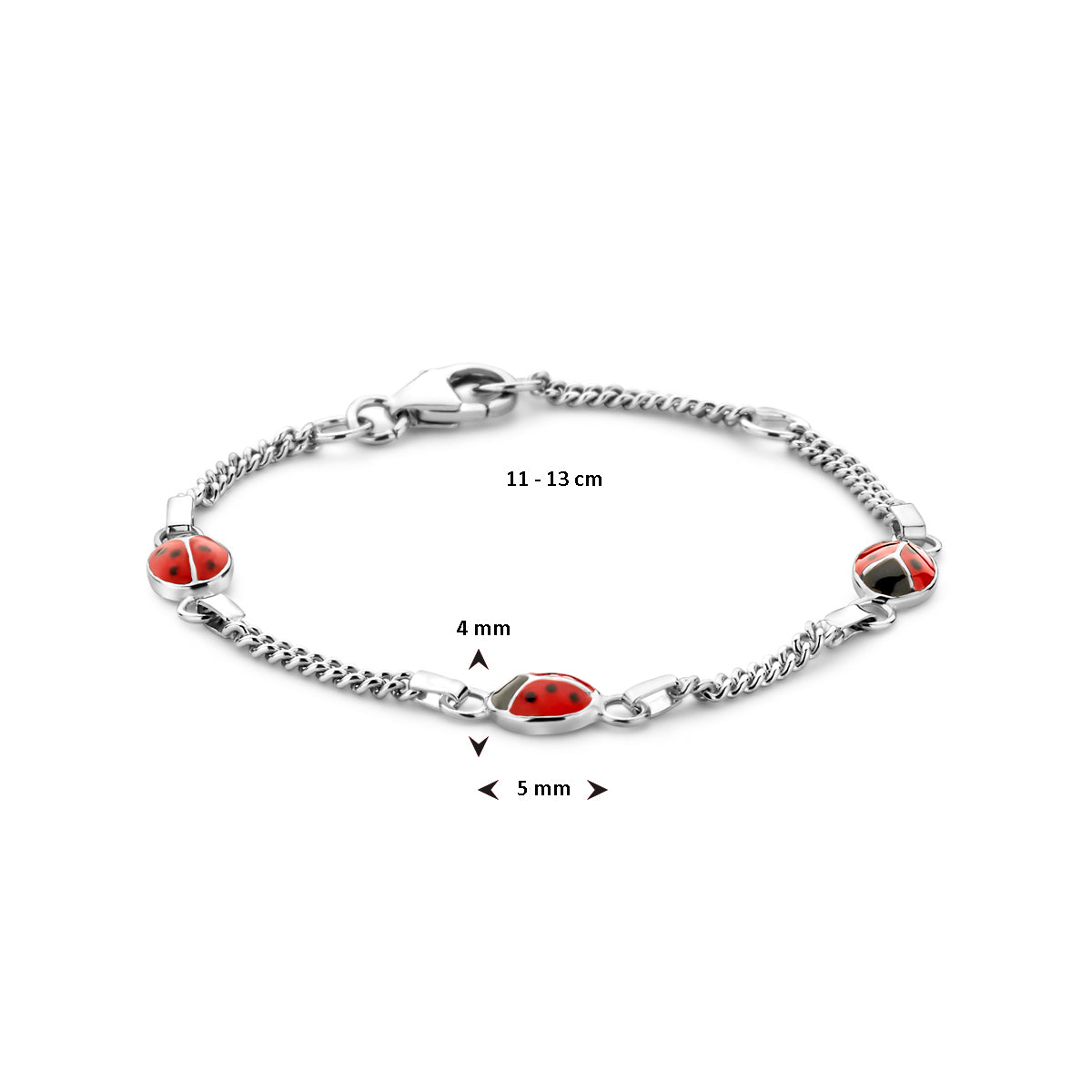 Armband lieveheersbeestje emaille 11 - 13 cm zilver gerhodineerd