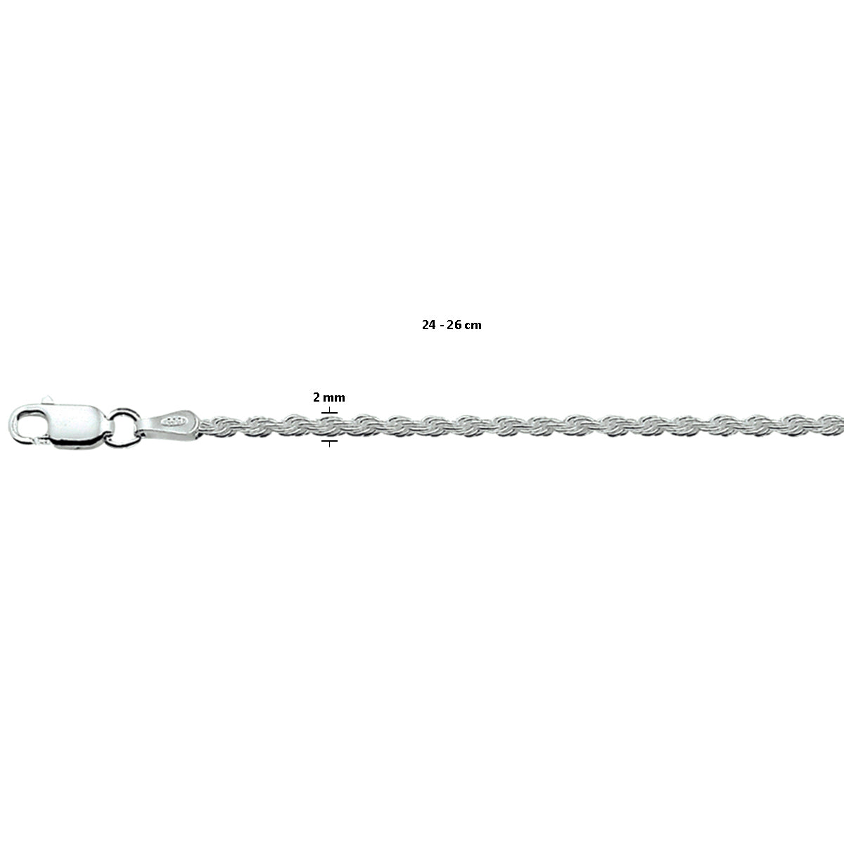Enkelbandje koord 2,0 mm 24 - 26 cm zilver gerhodineerd