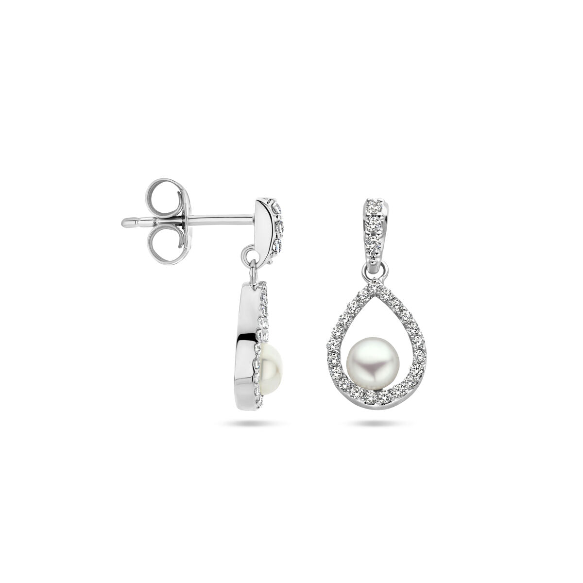 Fantasy Collection Hangende oorbellen parel en zirkonia zilver