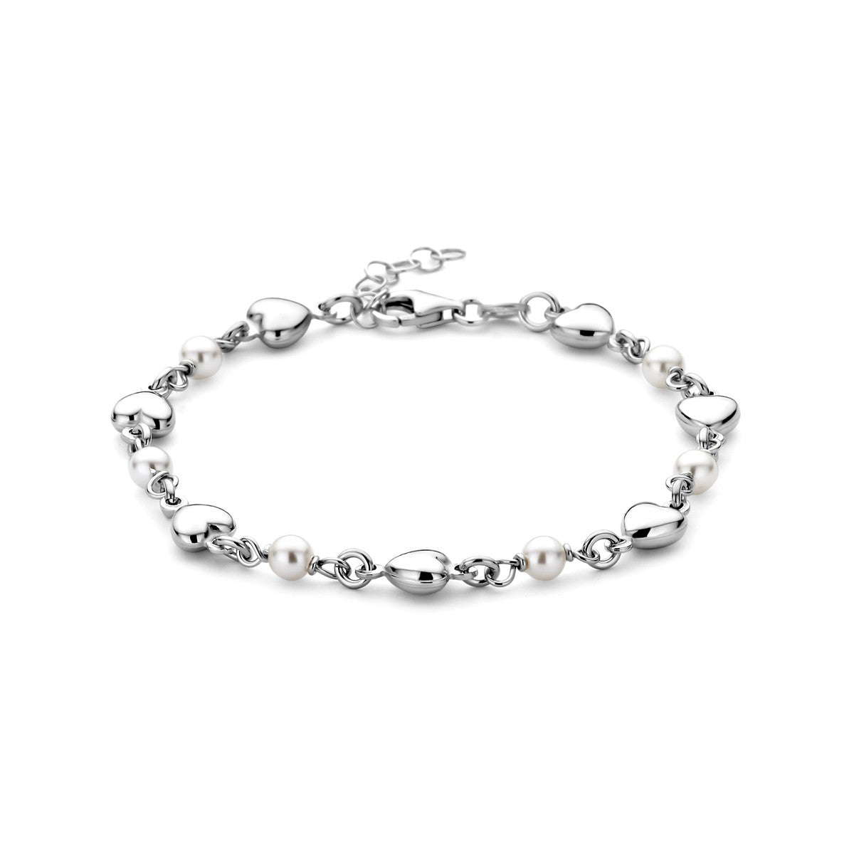 Fantasy Collection Armband hartjes en swarovski parels 17 + 2 cm zilver