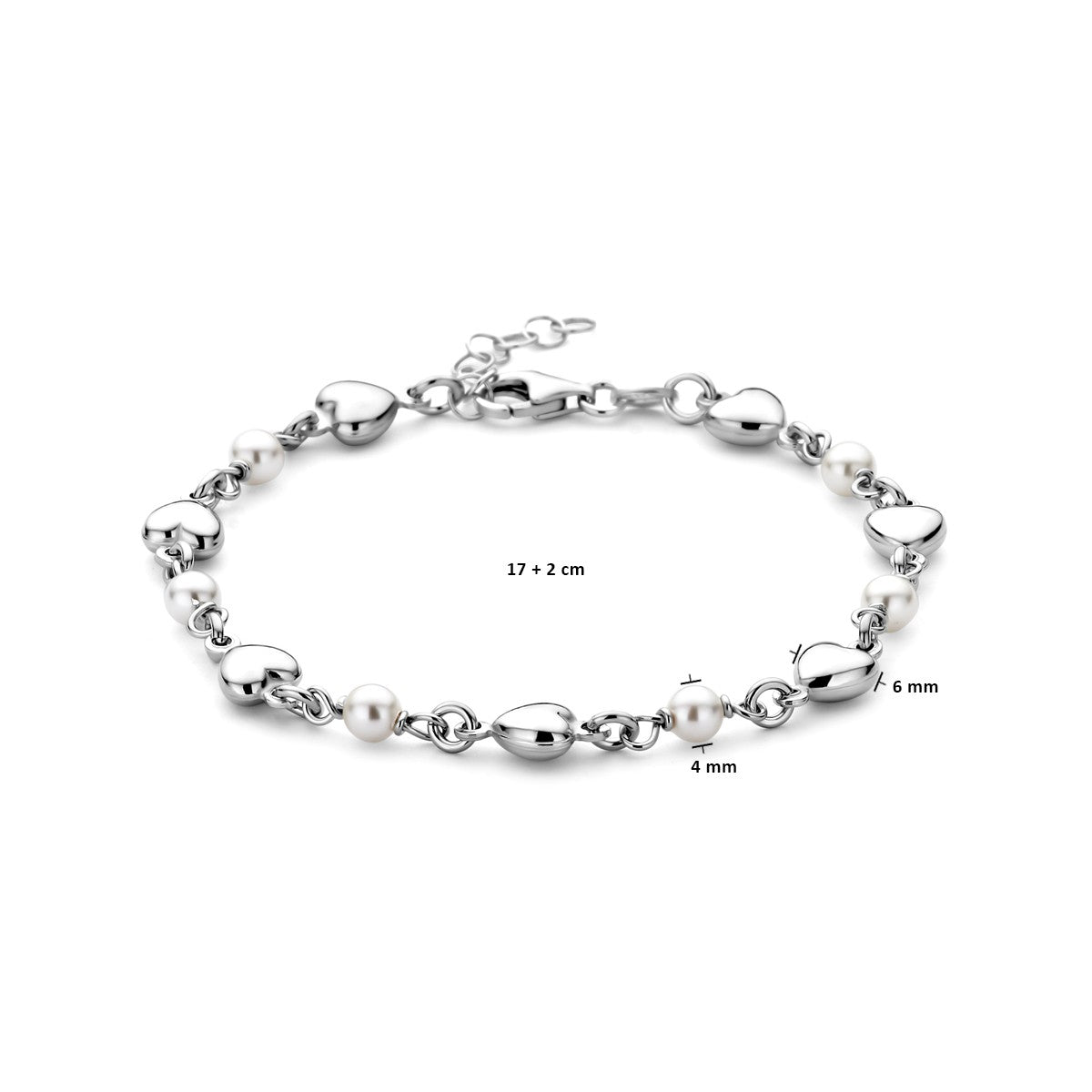 Fantasy Collection Armband hartjes en swarovski parels 17 + 2 cm zilver