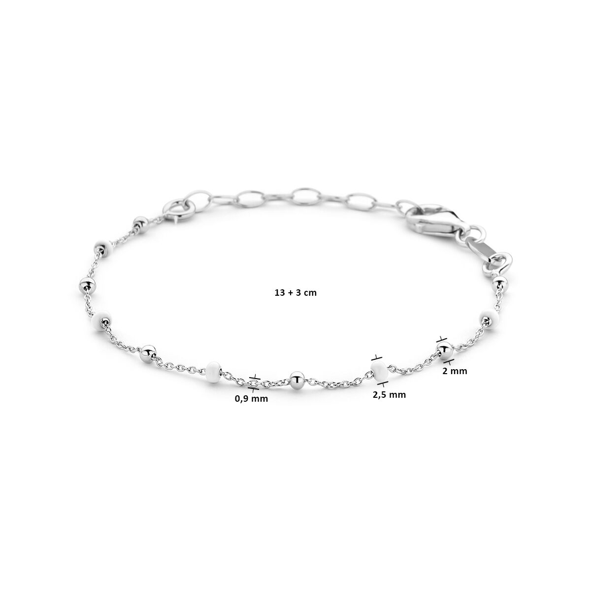 Fantasy Collection Armband bolletjes wit emaille 13 + 3 cm zilver