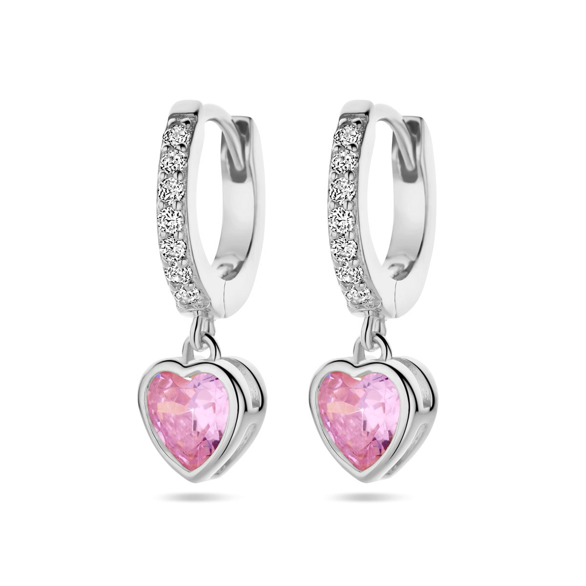 Fantasy Collection Oorbellen hart roze en wit zirkonia 20 mm zilver