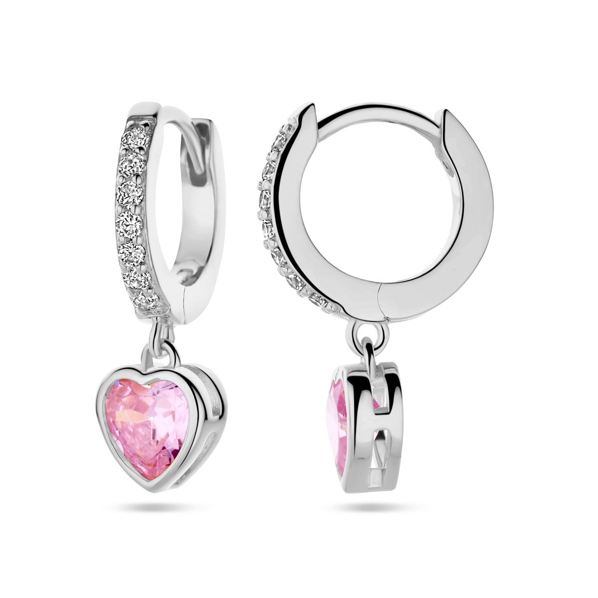 Fantasy Collection Oorbellen hart roze en wit zirkonia 20 mm zilver