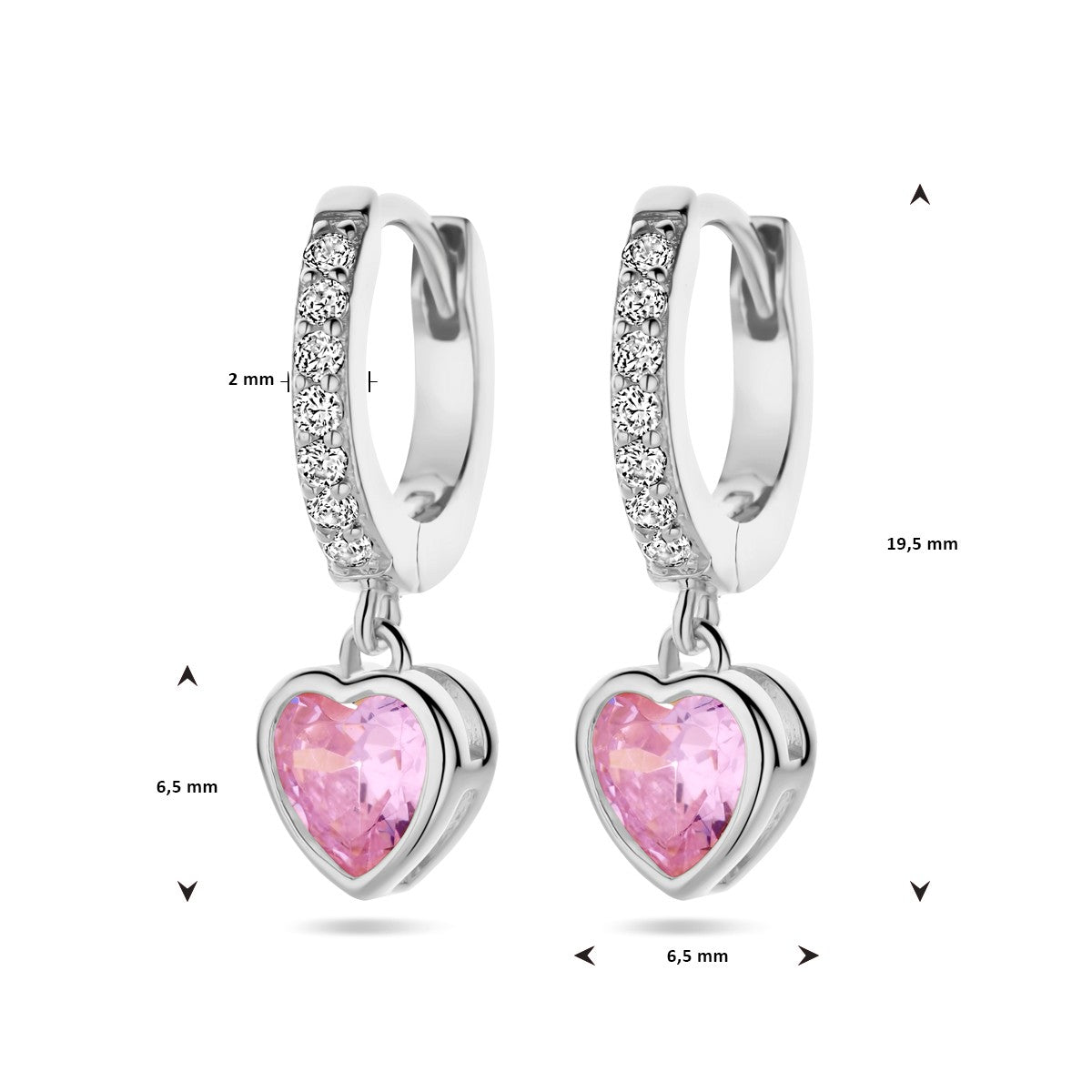 Fantasy Collection Oorbellen hart roze en wit zirkonia 20 mm zilver