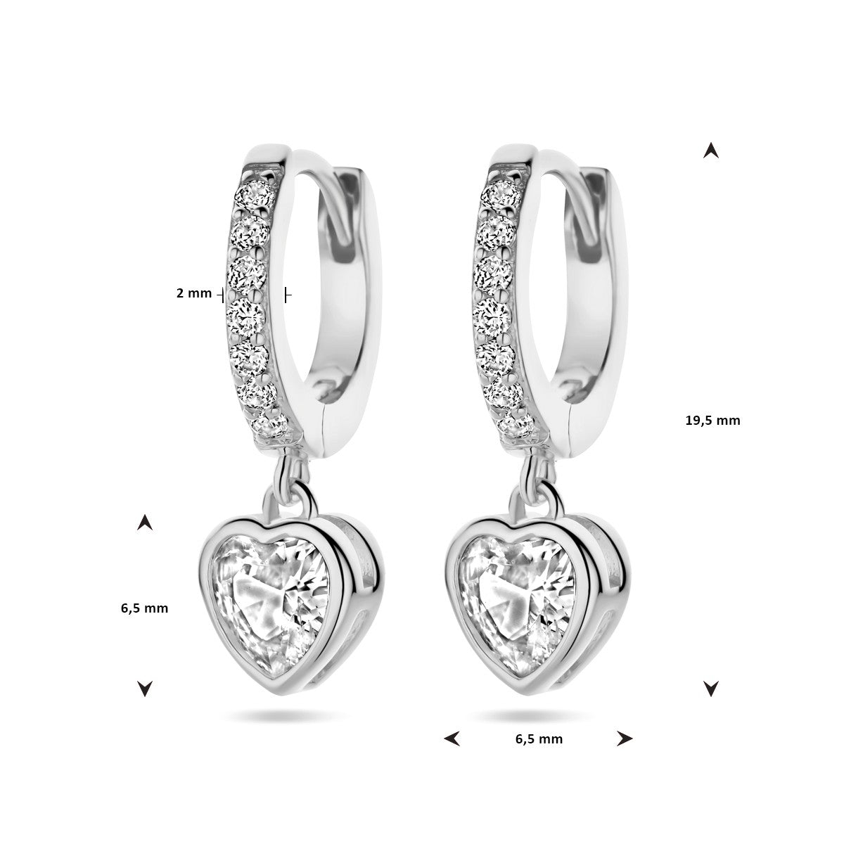 Fantasy Collection Oorbellen hart zirkonia 20 mm zilver