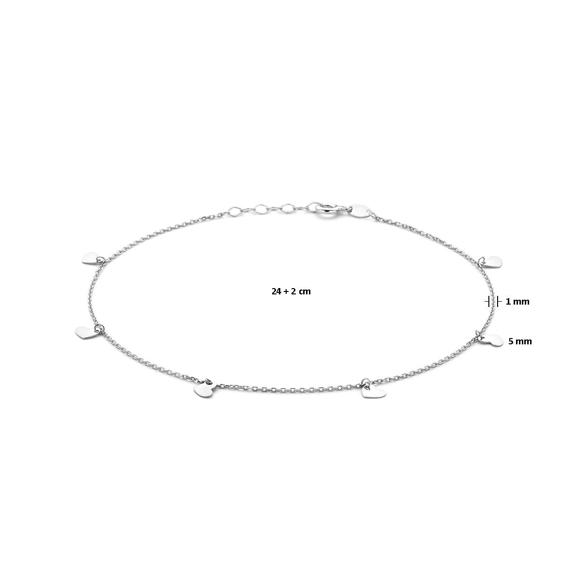 Enkelbandje hartjes 24 + 2 cm zilver gerhodineerd