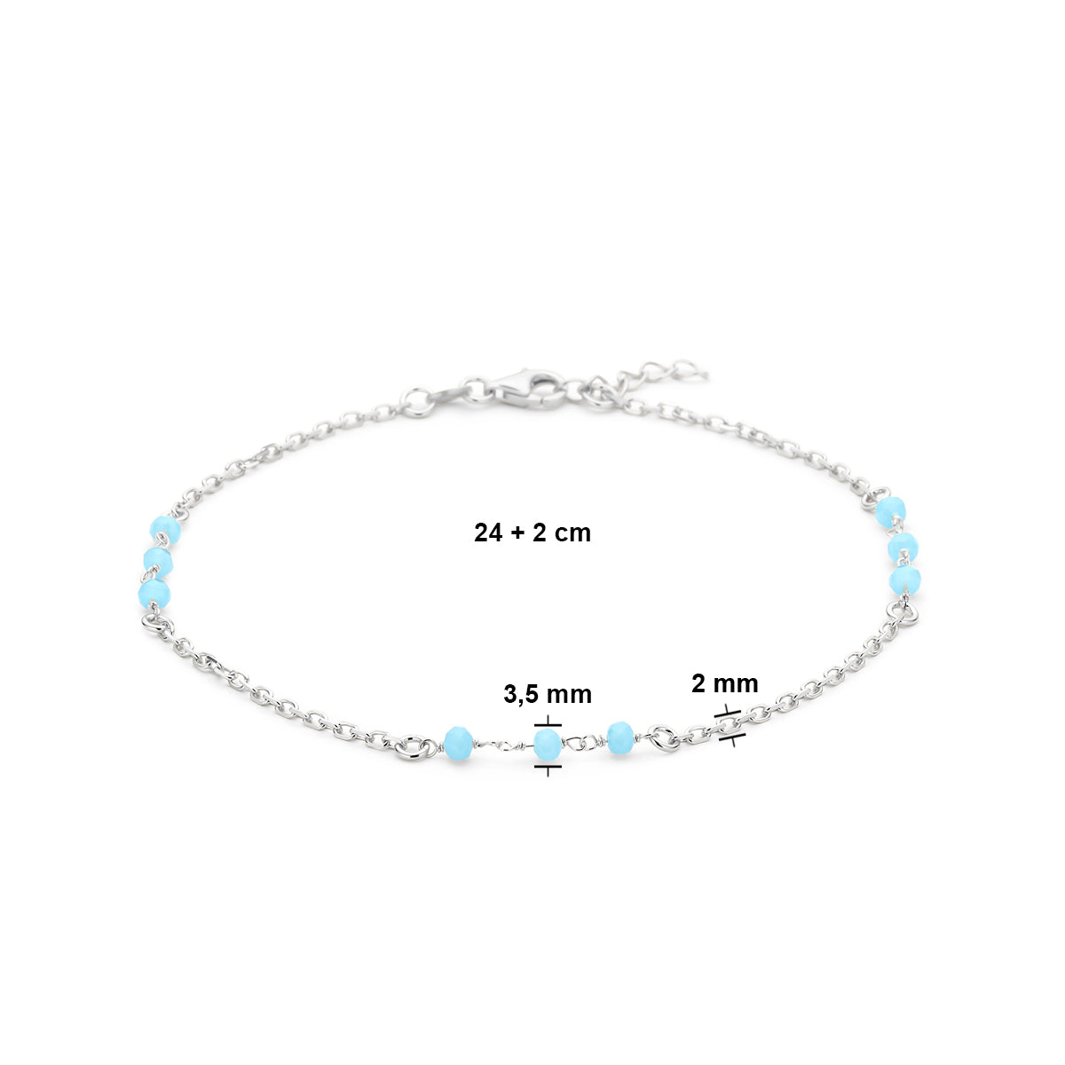 Enkelbandje blauw kristal bolletjes 24 + 2 cm zilver gerhodineerd