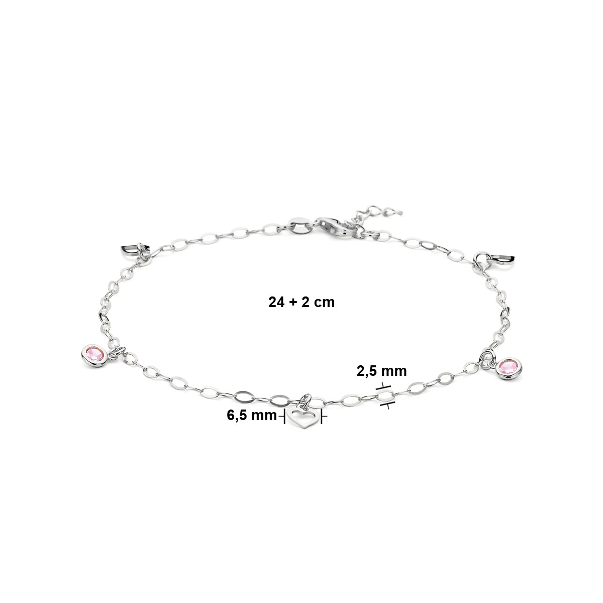 Enkelbandje hart en roze zirkonia 24 + 2 cm zilver gerhodineerd