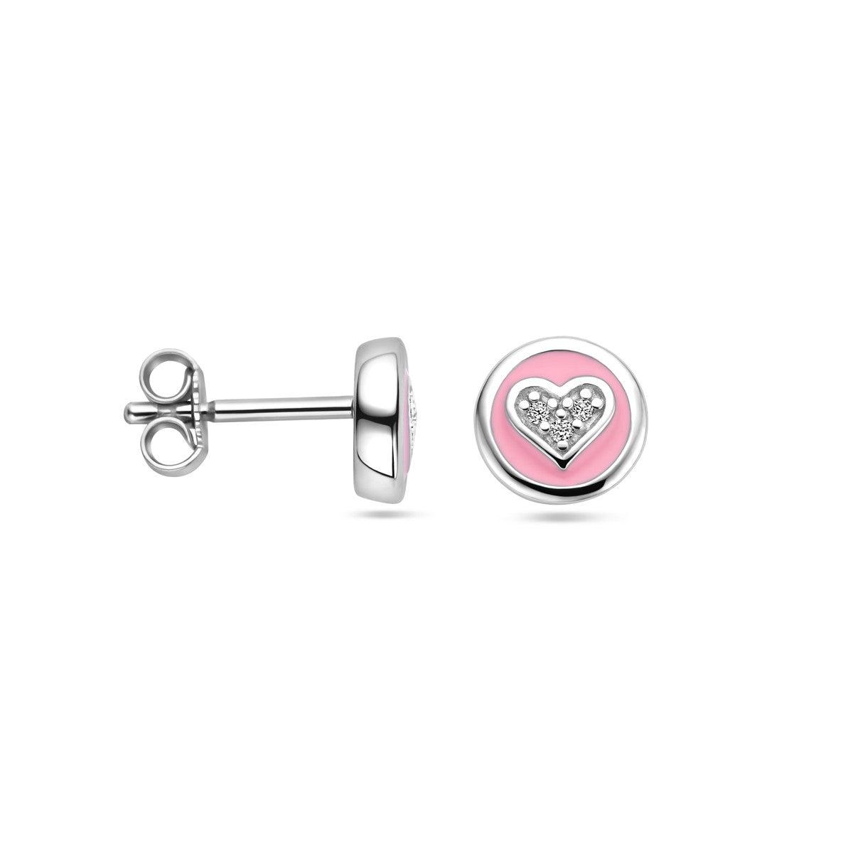 Fantasy Collection Oorbellen hart zirkonia en roze emaille zilver