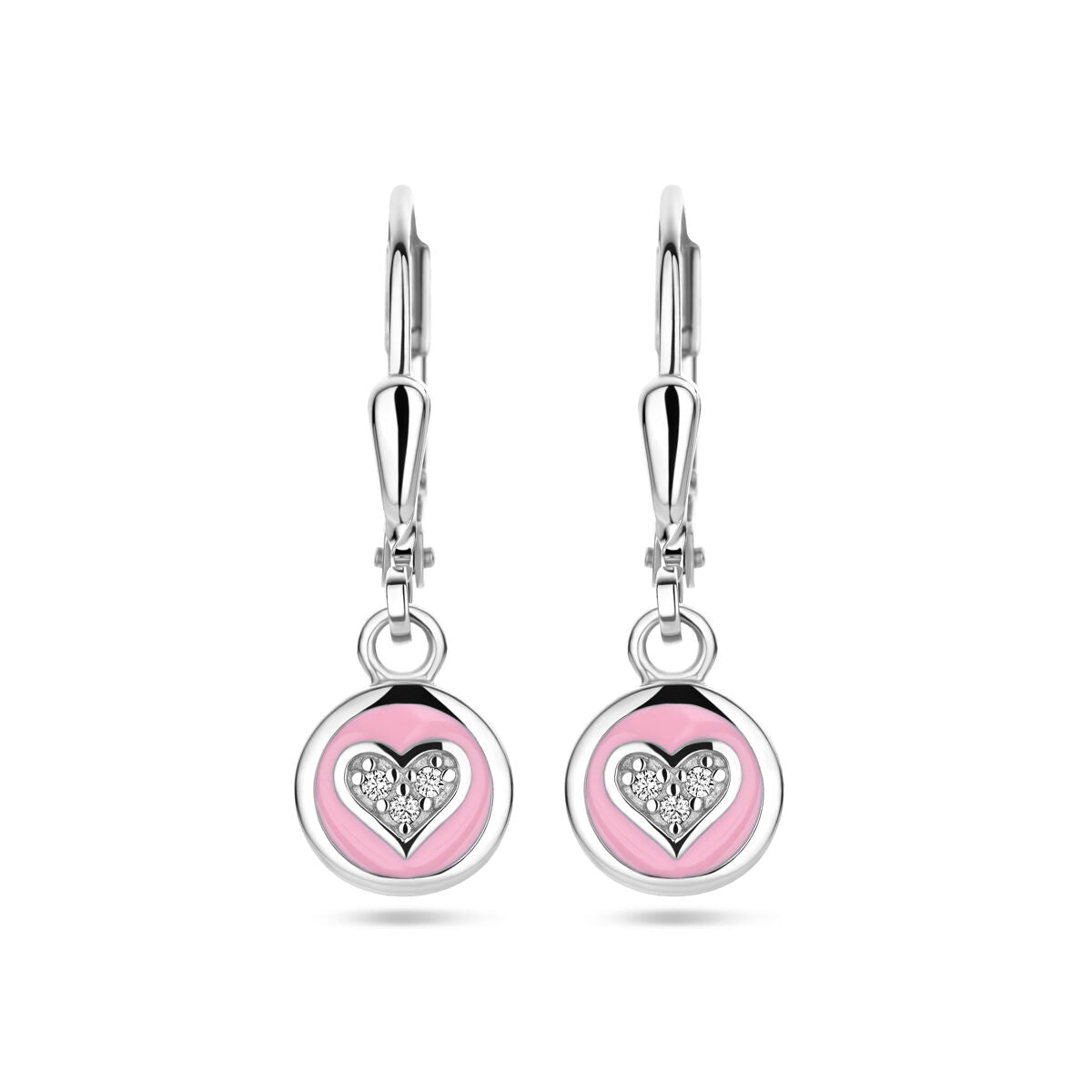 Fantasy Collection Hangende oorbellen hart zirkonia en roze emaille brisure haak zilver