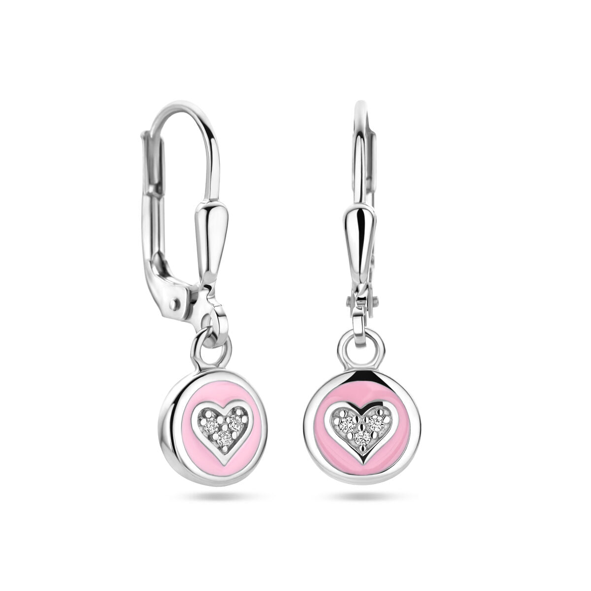 Fantasy Collection Hangende oorbellen hart zirkonia en roze emaille brisure haak zilver