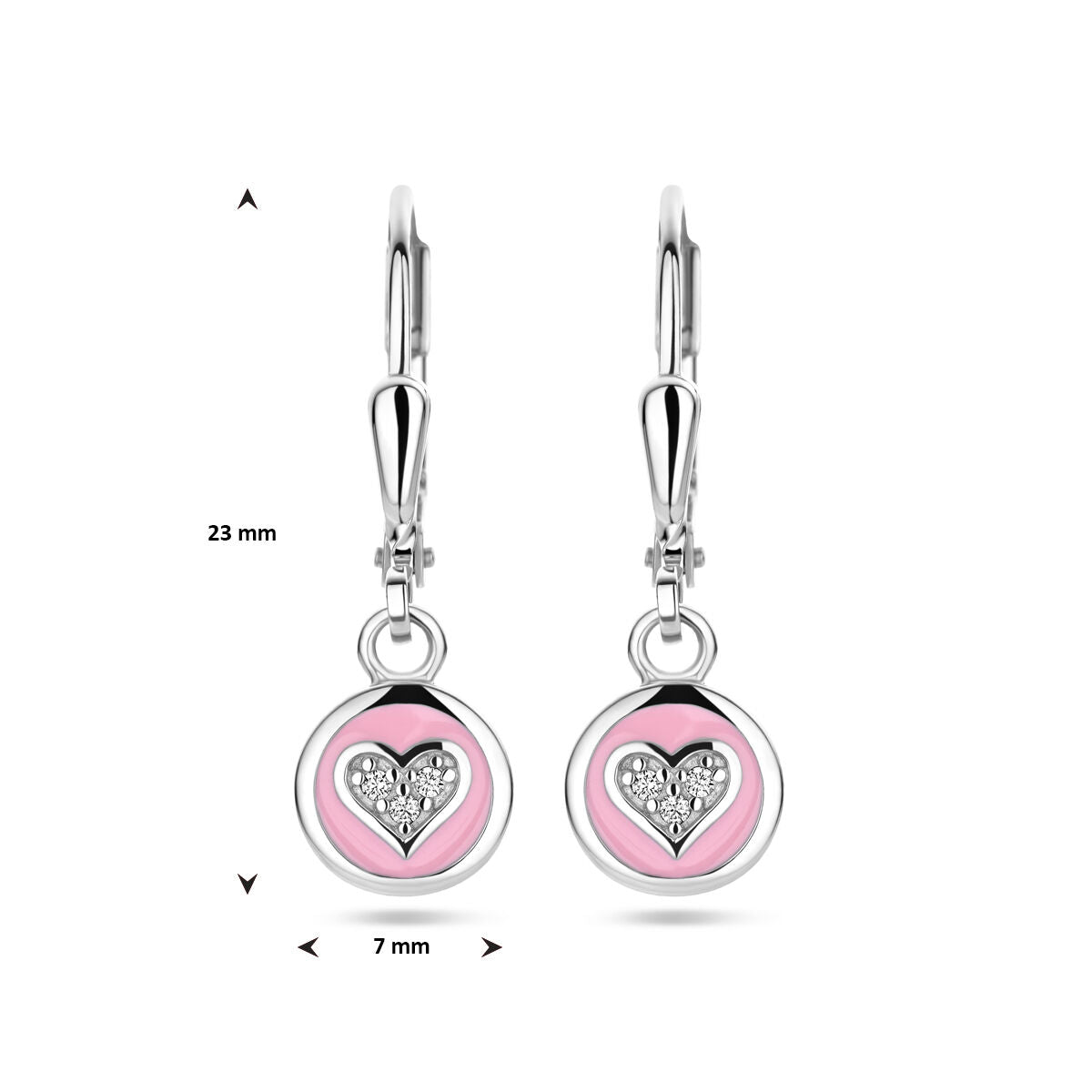 Fantasy Collection Hangende oorbellen hart zirkonia en roze emaille brisure haak zilver