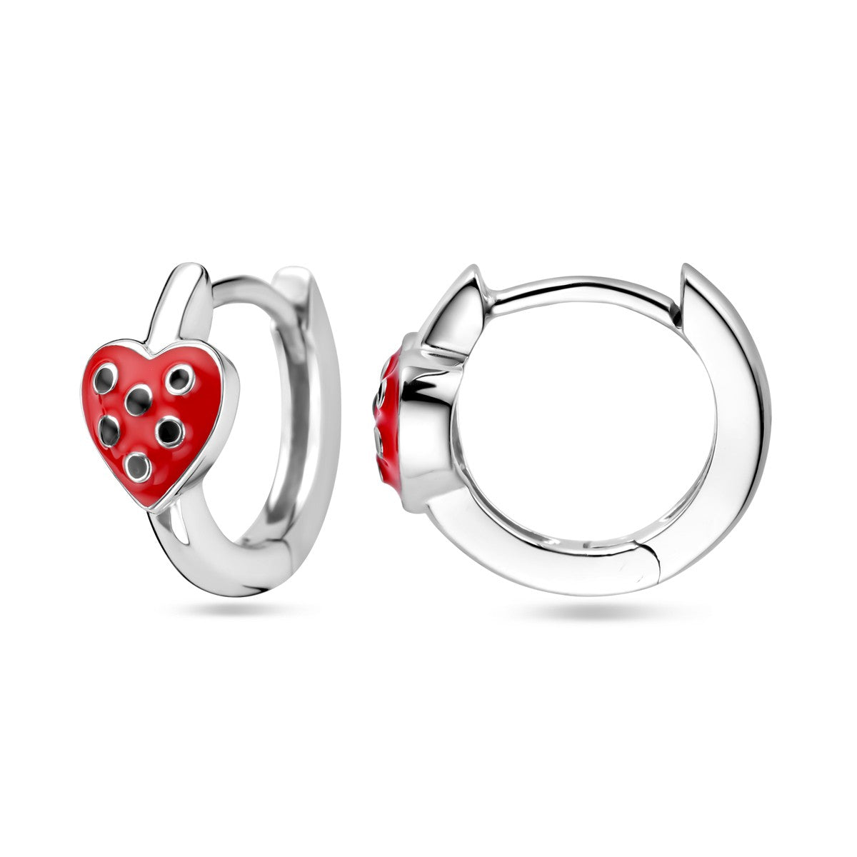 Fantasy Collection Oorbellen hart rood en zwart emaille zilver