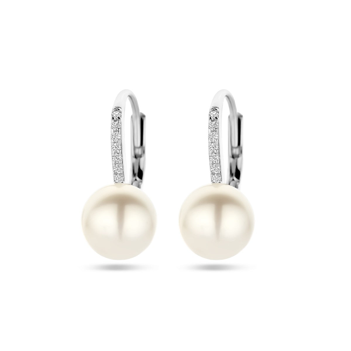 Fantasy Collection Hangende oorbellen parel en zirkonia brisure haak zilver