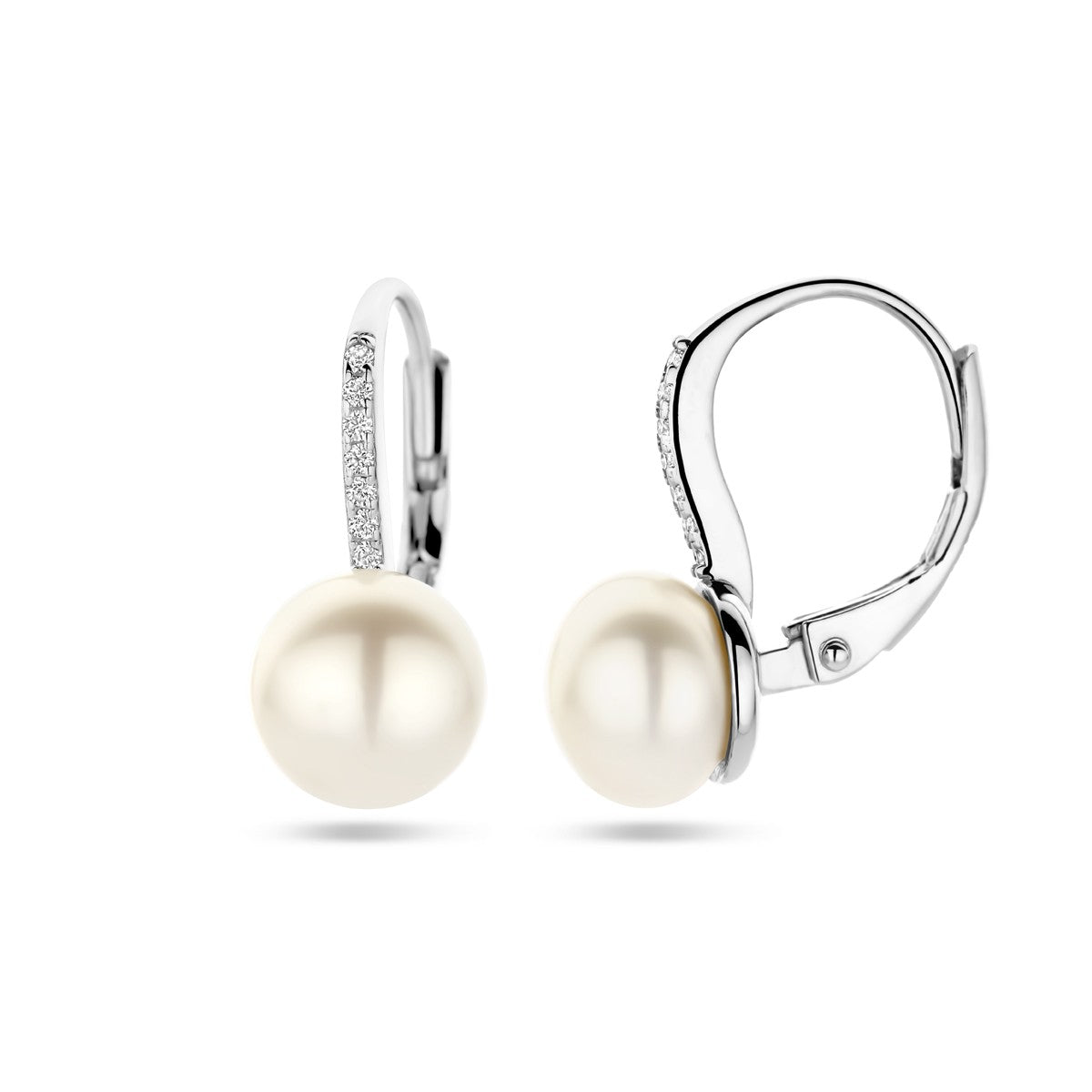 Fantasy Collection Hangende oorbellen parel en zirkonia brisure haak zilver