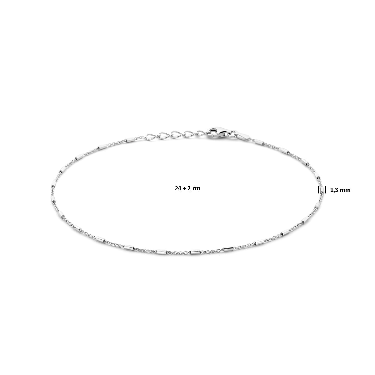 Enkelbandje buisjes 1,3 mm 24 + 2 cm zilver gerhodineerd