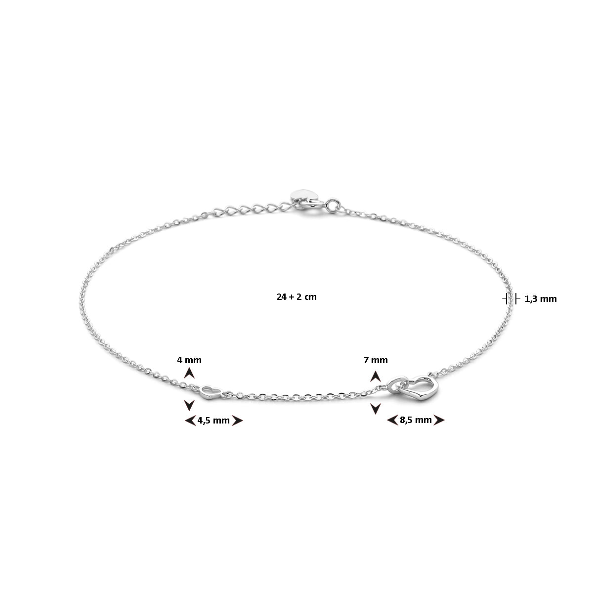 Enkelband hartjes 24 + 2 cm zilver gerhodineerd