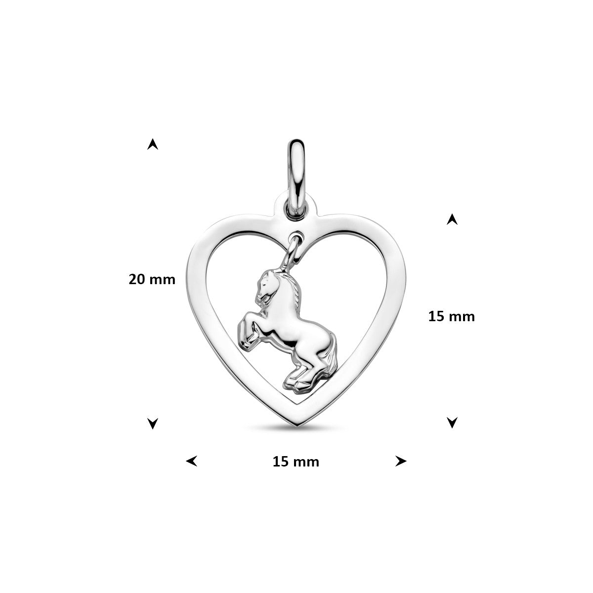Hanger hart paard 15 mm zilver