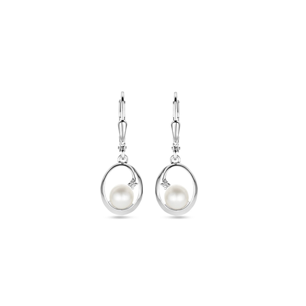 Fantasy Collection Hangende oorbellen ovaal parel en zirkonia brisure haak 27 mm zilver