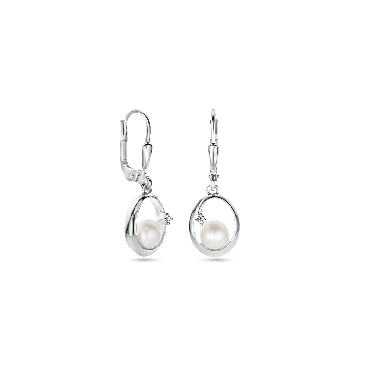 Fantasy Collection Hangende oorbellen ovaal parel en zirkonia brisure haak 27 mm zilver