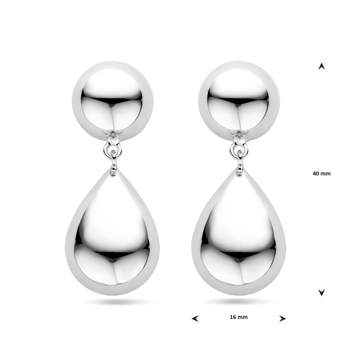 Hangende oorbellen half bol en druppel 40 mm zilver