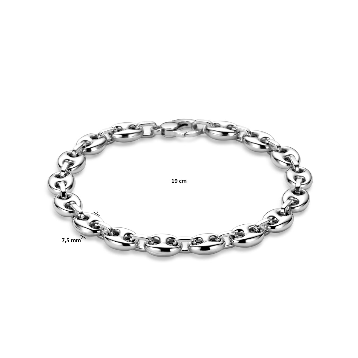 Armband koffieboon 7,5 mm 19 cm zilver gerhodineerd
