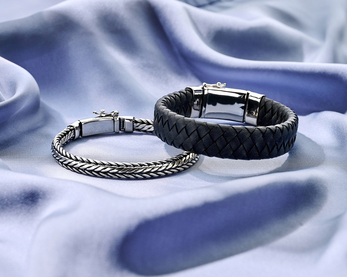 Armband zwart leer 15 mm 21 cm zilver
