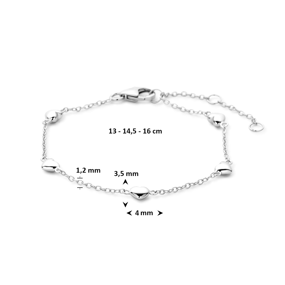 Armband hartjes 13 - 14,5 - 16 cm zilver gerhodineerd