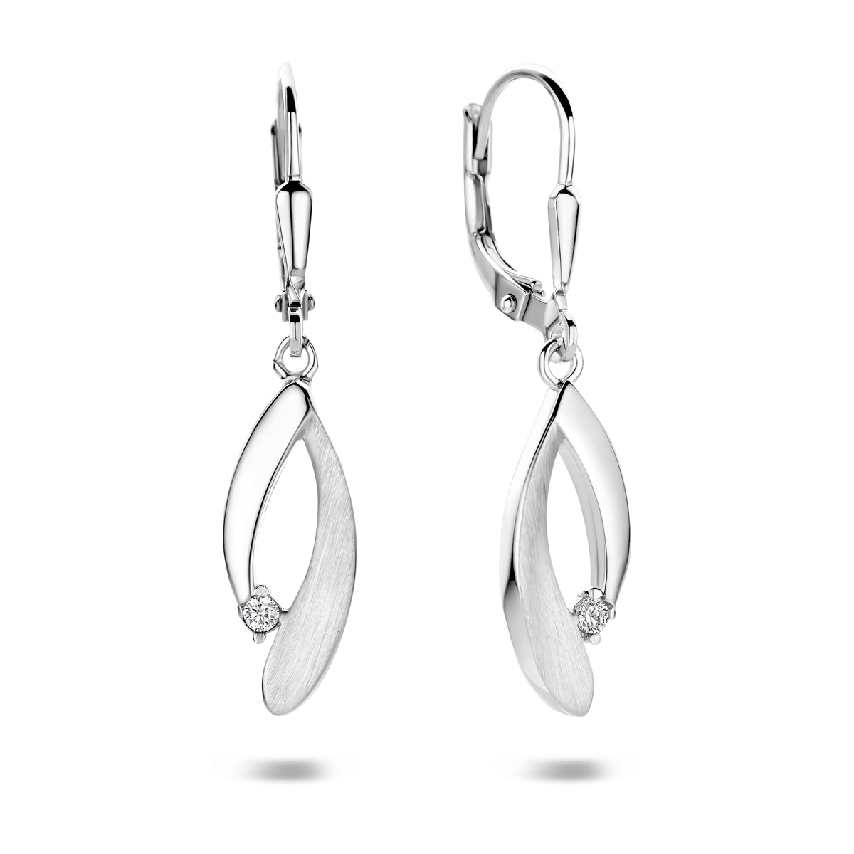 Oorhangers zirkonia brisur haak poli/mat zilver gerhodineerd 34 mm