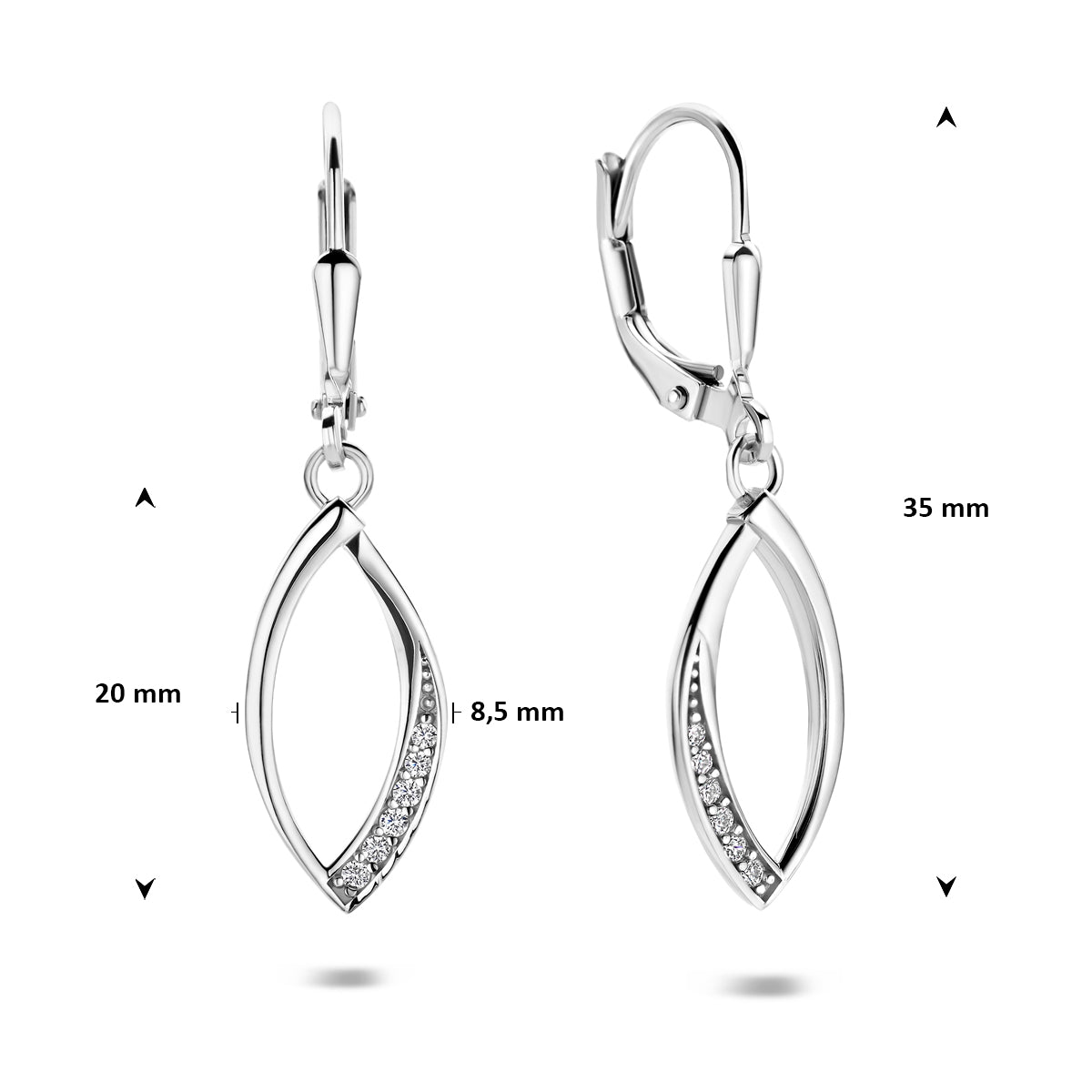 Oorhangers zirkonia brisur haak zilver gerhodineerd 35 mm