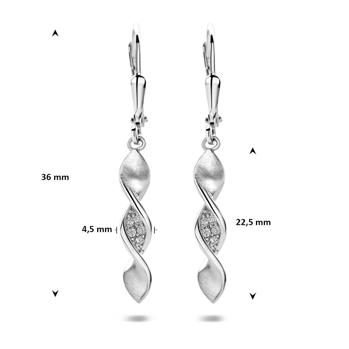 Oorhangers zirkonia poli/mat zilver gerhodineerd 36 mm