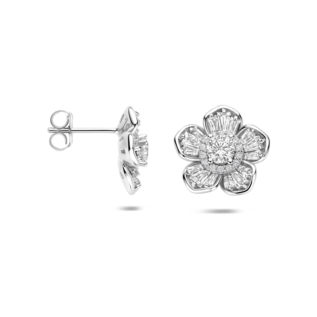 Oorknoppen bloem zirkonia zilver gerhodineerd 13,5 mm