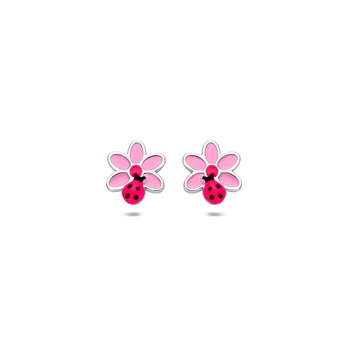 Oorknoppen bloem en lieveheersbeestje zilver gerhodineerd 7,5 mm