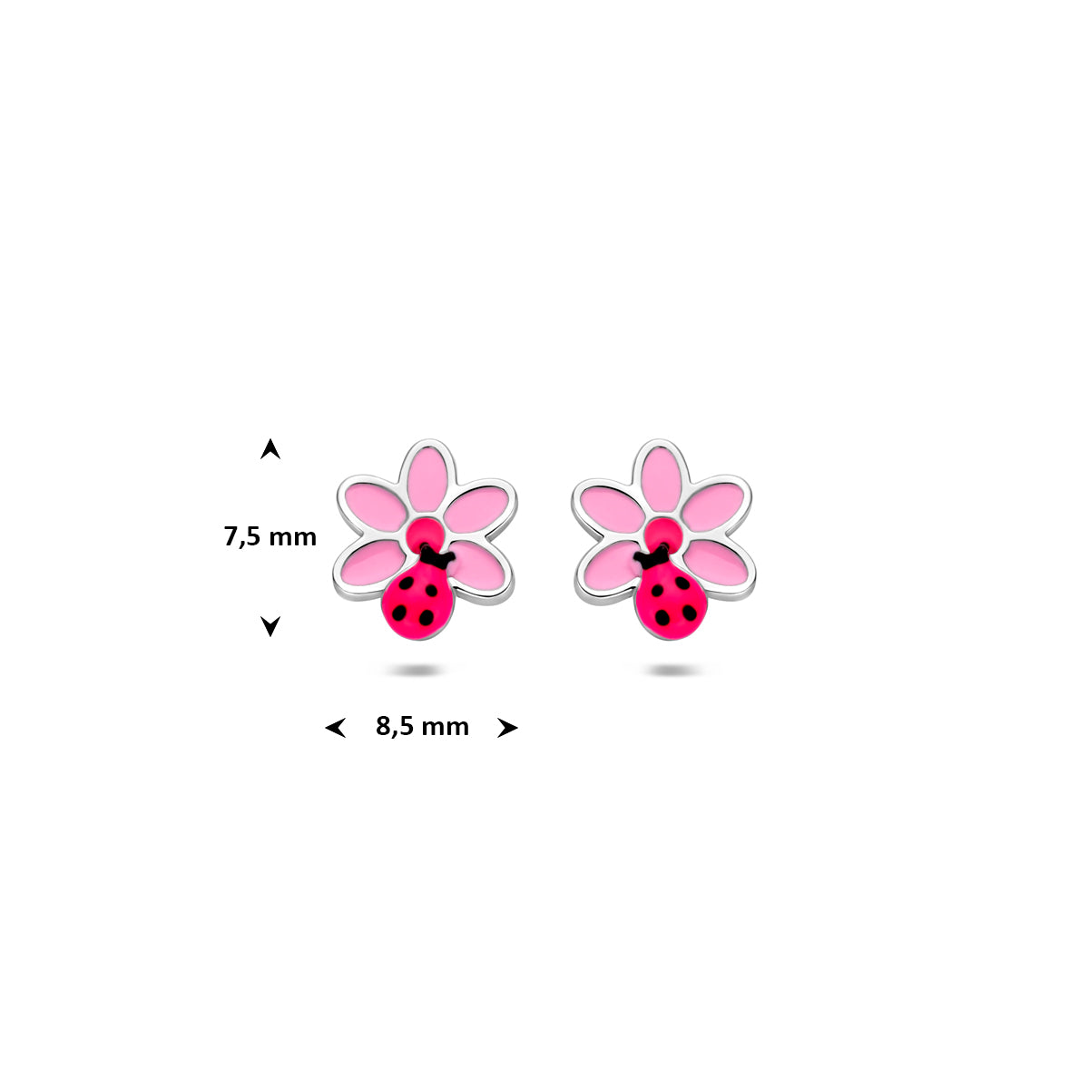 Oorknoppen bloem en lieveheersbeestje zilver gerhodineerd 7,5 mm