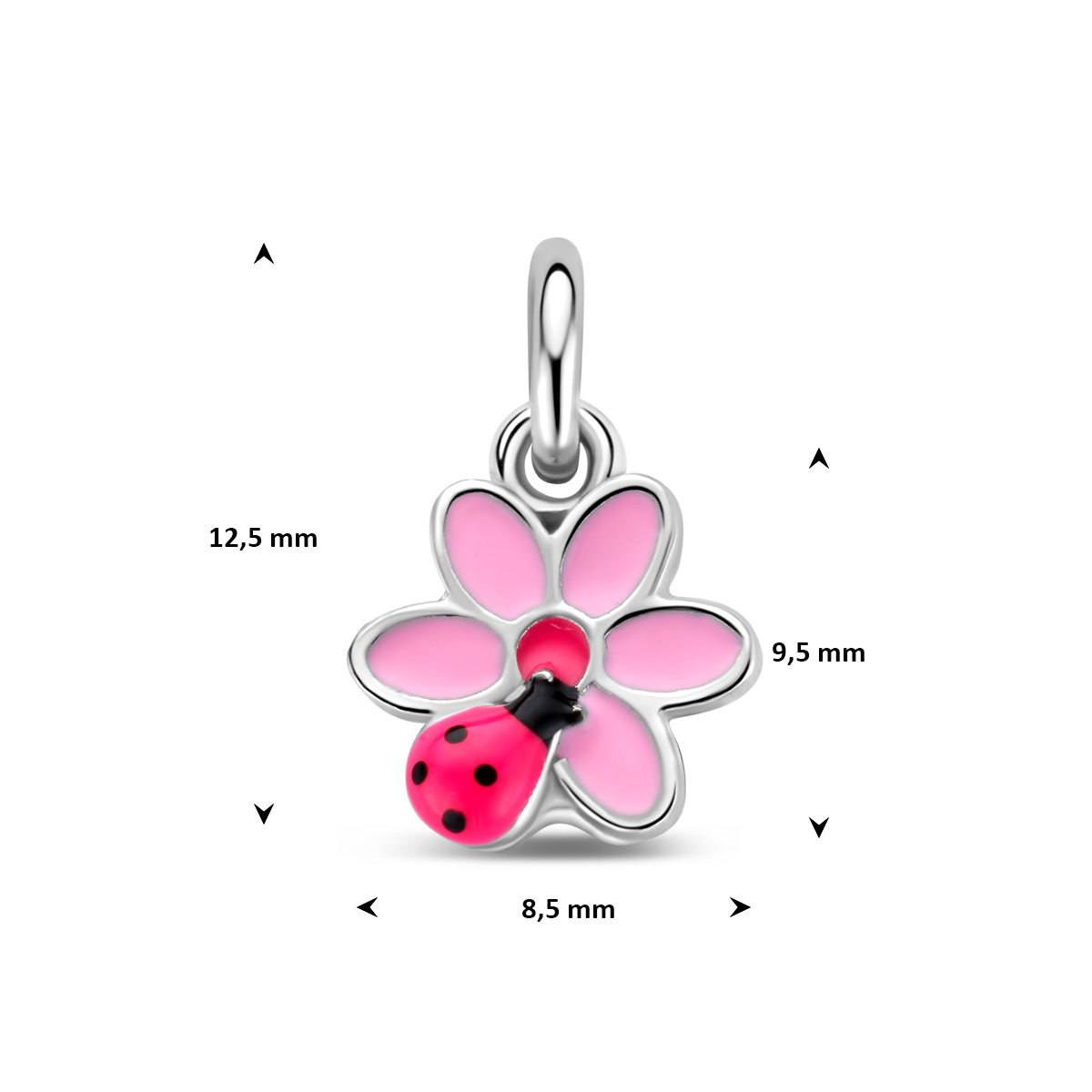 Hanger bloem en lieveheersbeestje zilver gerhodineerd 9,5 mm
