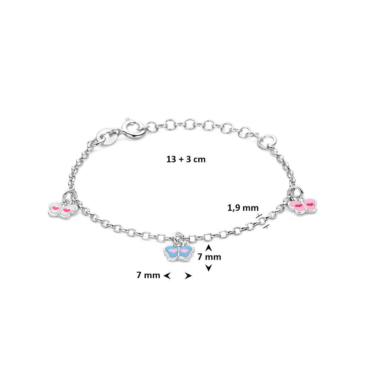 Armband vlinder emaille zilver gerhodineerd 13 + 3 cm