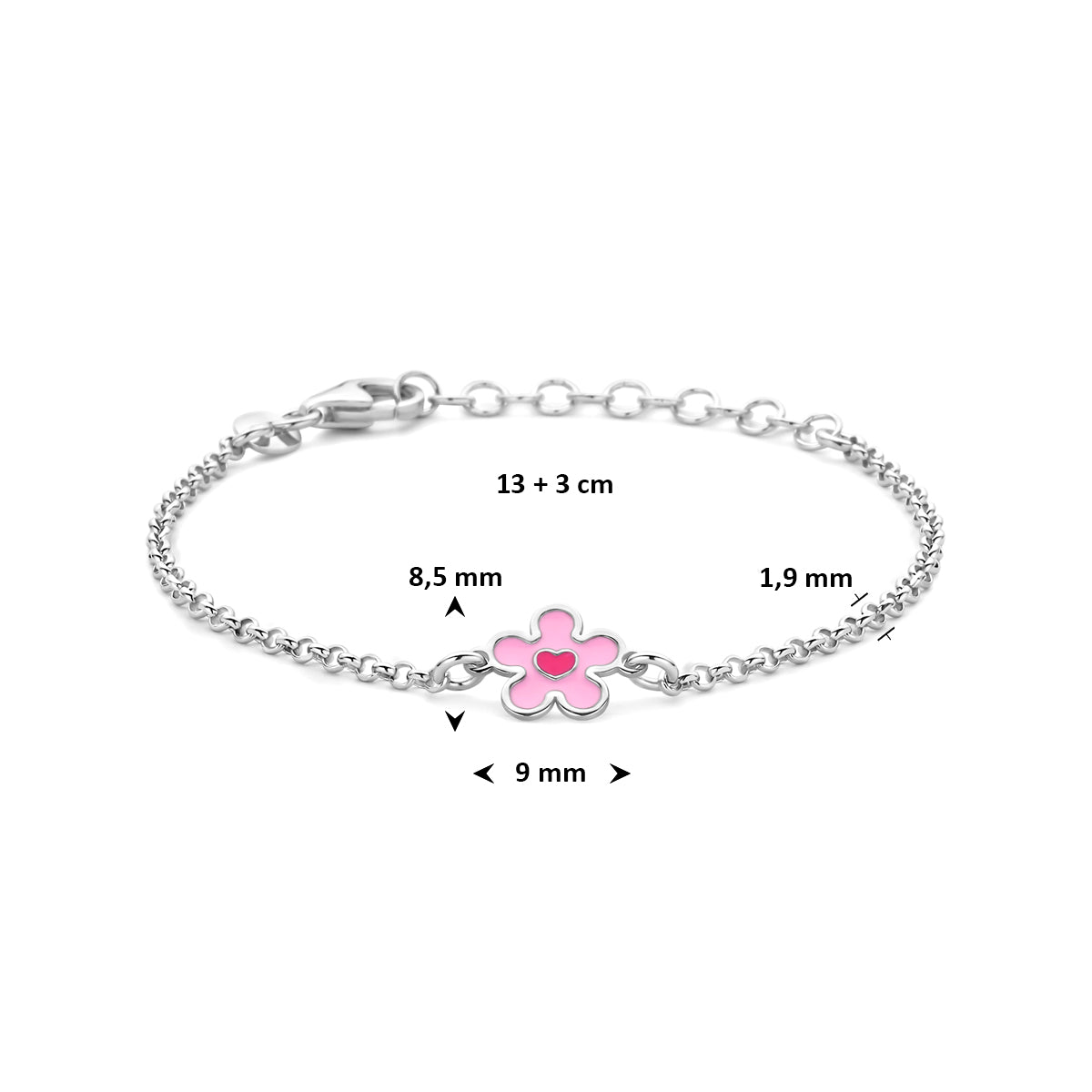 Armband bloem en hartje emaille zilver gerhodineerd 13 + 3 cm