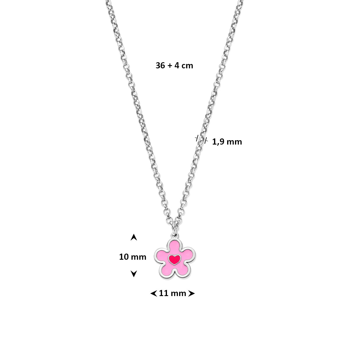 Collier bloem en hartje emaille zilver gerhodineerd 36 + 4 cm
