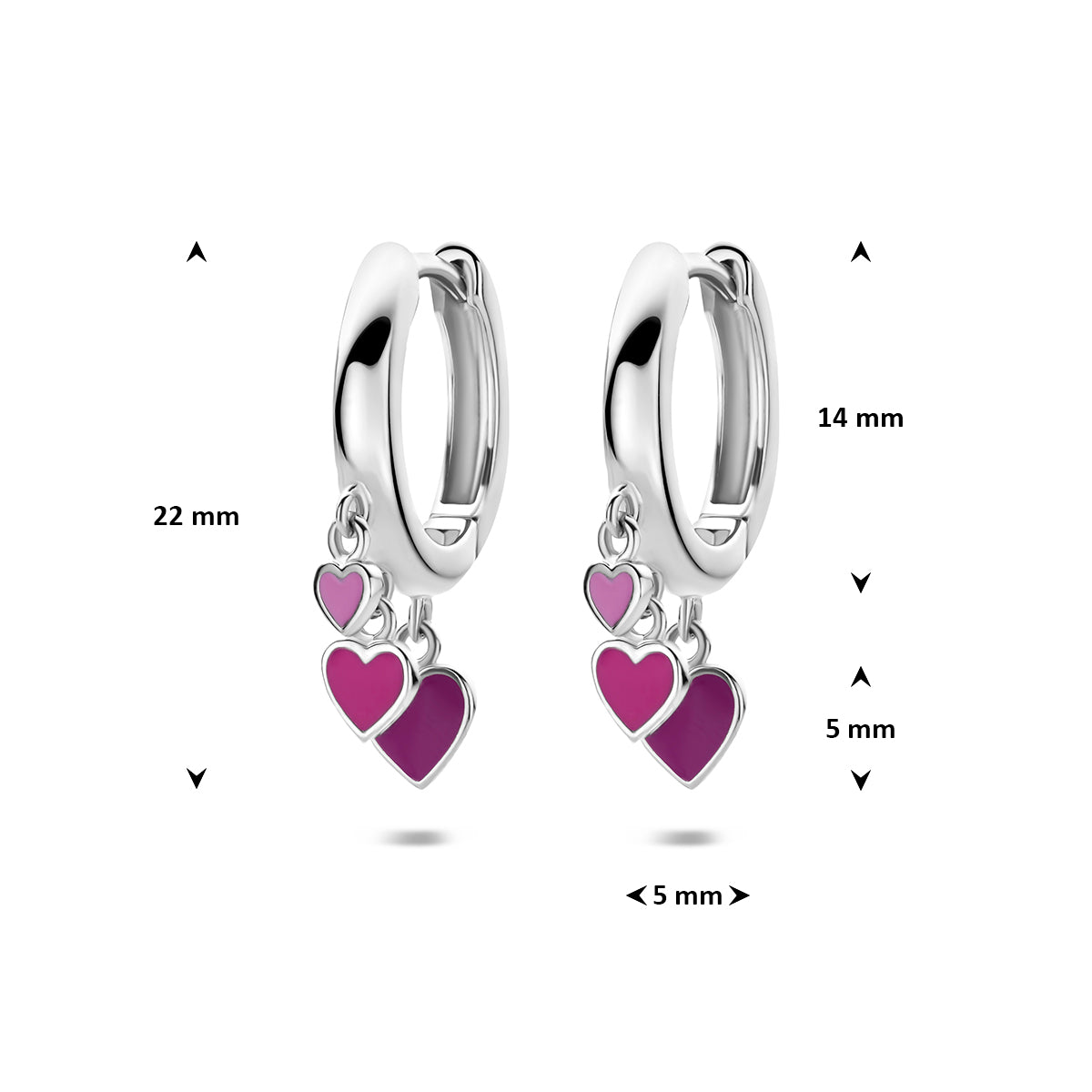 Klapoorringen emaille hartjes zilver gerhodineerd 22 mm